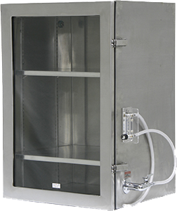 Stainless steel desiccator:  20" x 18" x 30"
Includes two (2) stainless steel shelves.