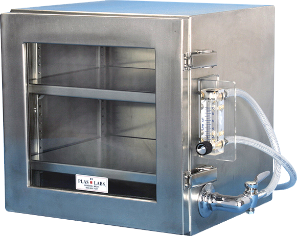 Stainless steel desiccator:  12" x 12" x 12"
Includes two (2) stainless steel shelves.
